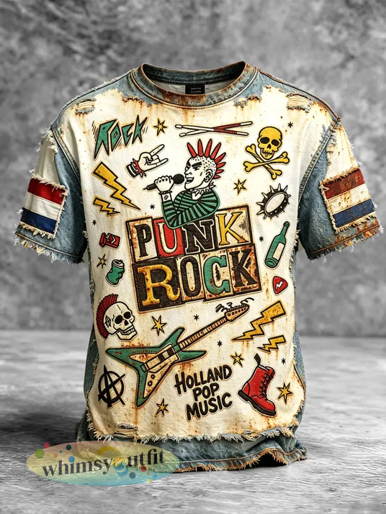 Heren Nederlandse rock patchworkprint vintage casual T-shirt - Veelkleurig / S