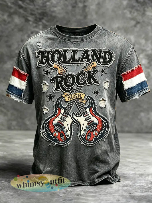 Heren Nederlandse rockbass gescheurde print casual retro T-shirt - Donkergrijs / S
