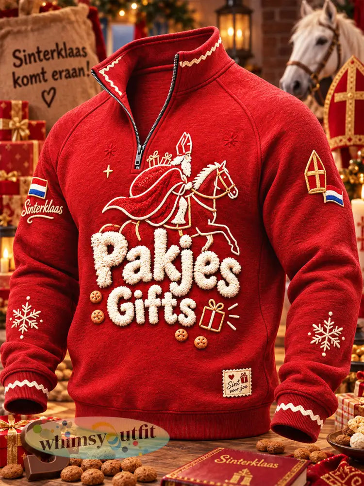 Heren Nederlandse sinterklaasdagprint casual rode hoodie met rits - Rood / S