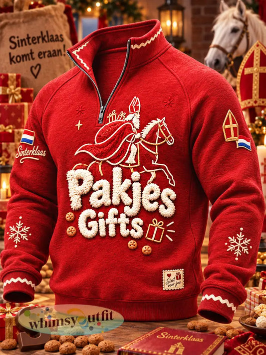 Heren Nederlandse sinterklaasdagprint casual rode hoodie met rits - Rood / S