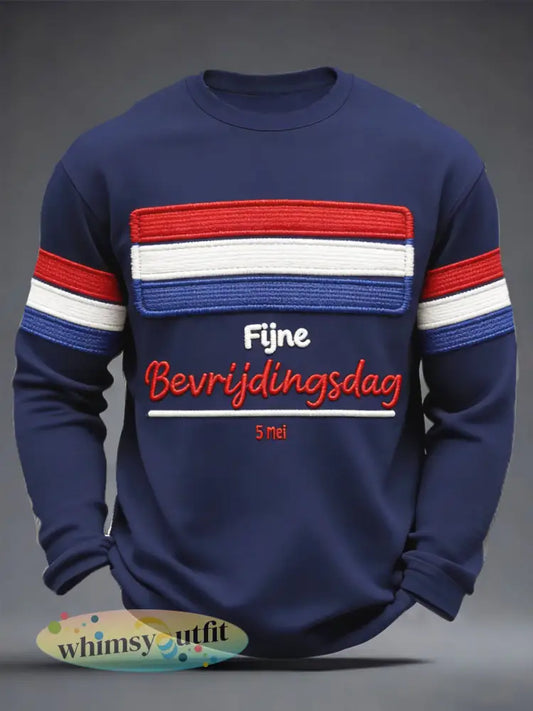 Heren Nederlandse Vlag Geborduurd Bevrldingsdag Print Marineblauw Casual T-shirt - Marineblauw / S