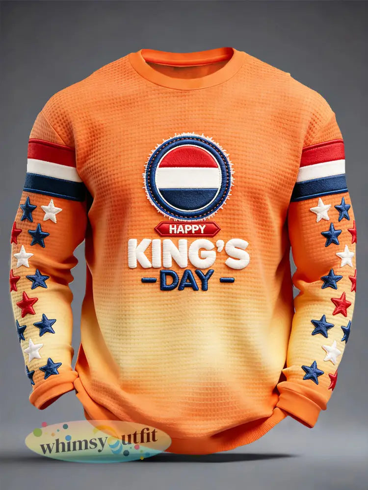 Heren Nederlandse Vlag Koningsdag Gradiënt Print Waffle Weave Casual T-shirt met lange mouwen - Sinaasappel / S