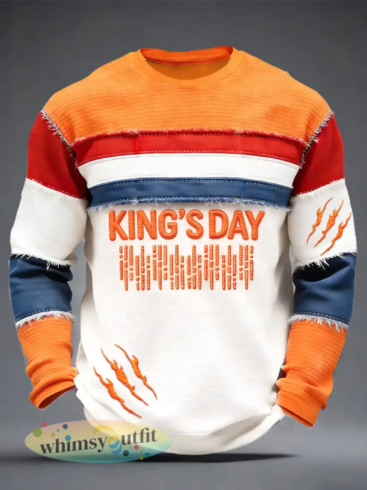 Heren Nederlandse Vlag Koningsdag Patchwork 3D Print T-shirt met lange mouwen - Sinaasappel / S