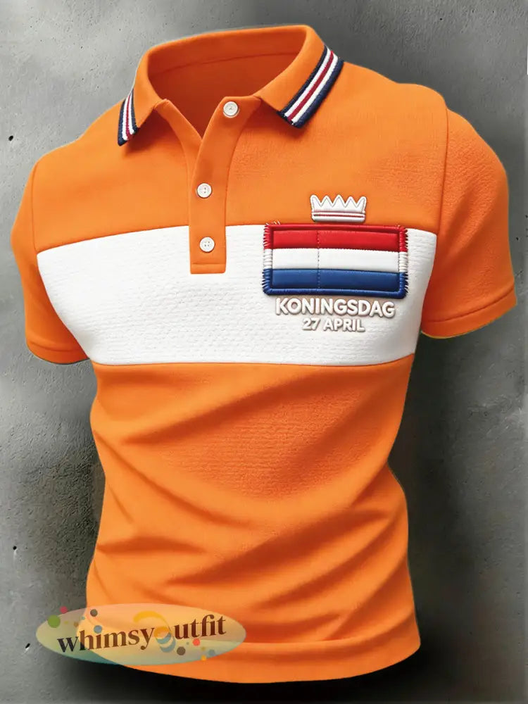 Heren Nederlandse Vlag Koningsdag Patchwork Print Casual Poloshirt - Sinaasappel / S