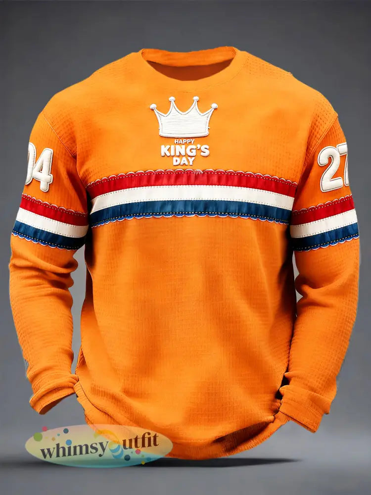 Heren Nederlandse Vlag Koningsdag Print Oranje Casual Waffle Weave T-shirt met lange mouwen - Sinaasappel / S