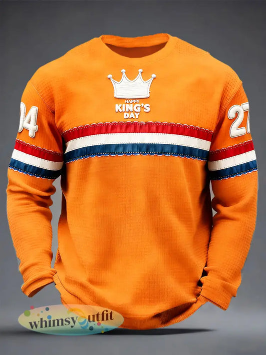 Heren Nederlandse Vlag Koningsdag Print Oranje Casual Waffle Weave T-shirt met lange mouwen - Sinaasappel / S