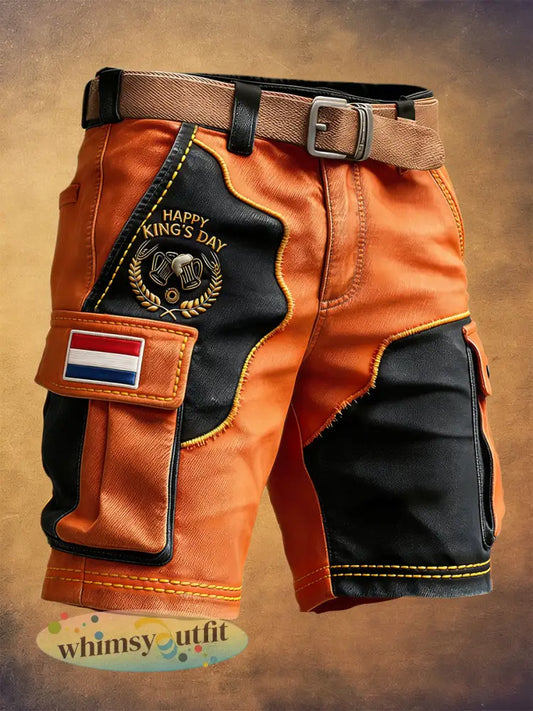 Heren Nederlandse Vlag Koningsdag Vintage Patchwork Print Casual Werkkleding Shorts - Zwarte Sinaasappel / S