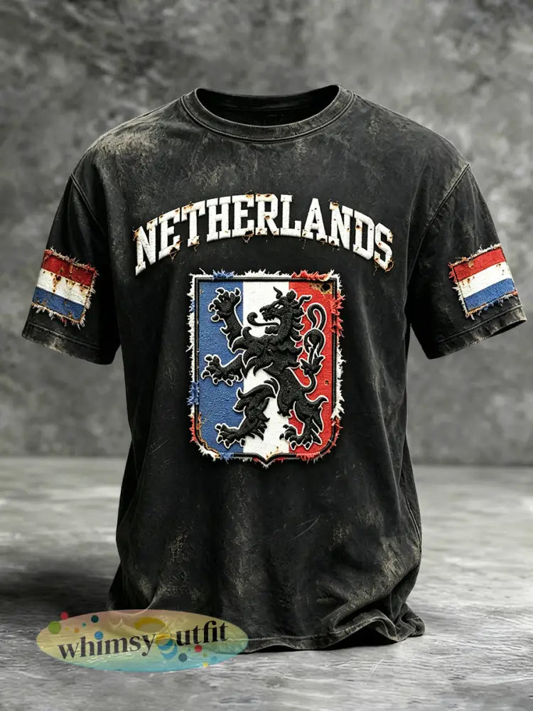 Heren Nederlandse vlag patchwork print casual retro zwarte t-shirt - Zwart / S