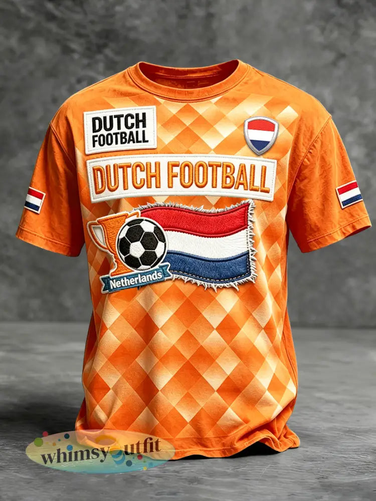 Heren Nederlandse vlag patchwork print casual t-shirt - Sinaasappel / S