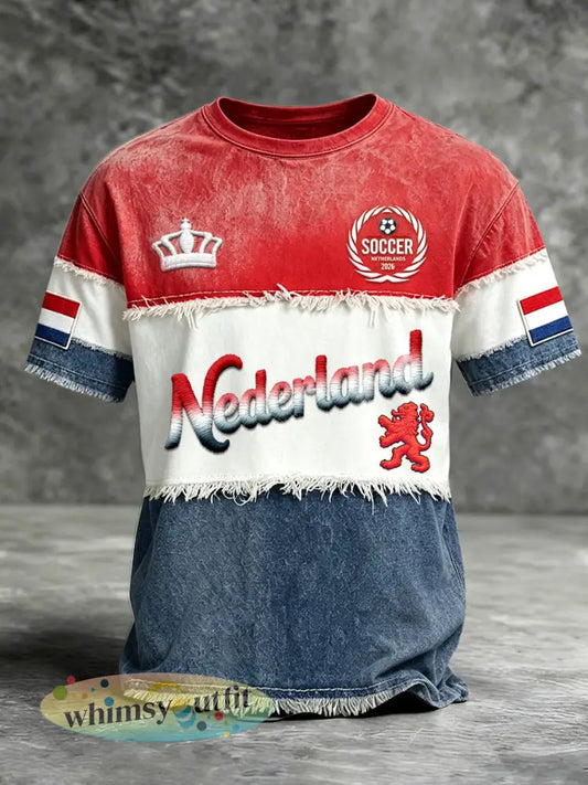 Heren Nederlandse vlag patchwork voetbalprint casual t-shirt - Veelkleurig / S