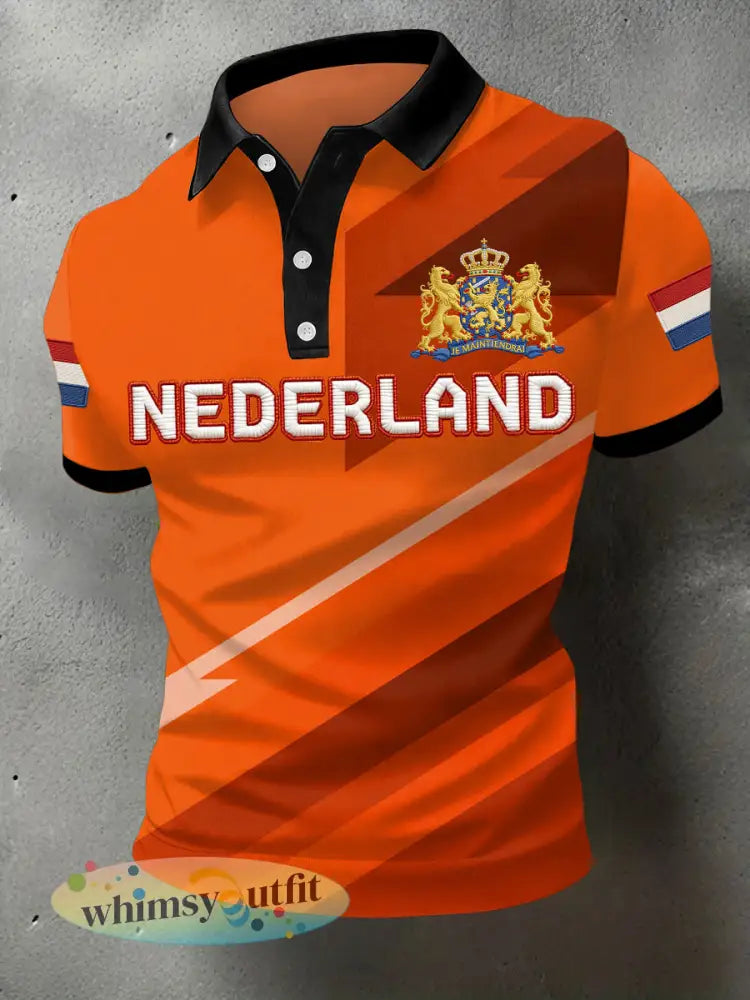 Heren Nederlandse vlag print casual polo - Oranje / S