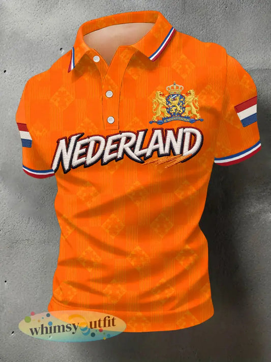 Heren Nederlandse vlag print casual polo - Oranje / S