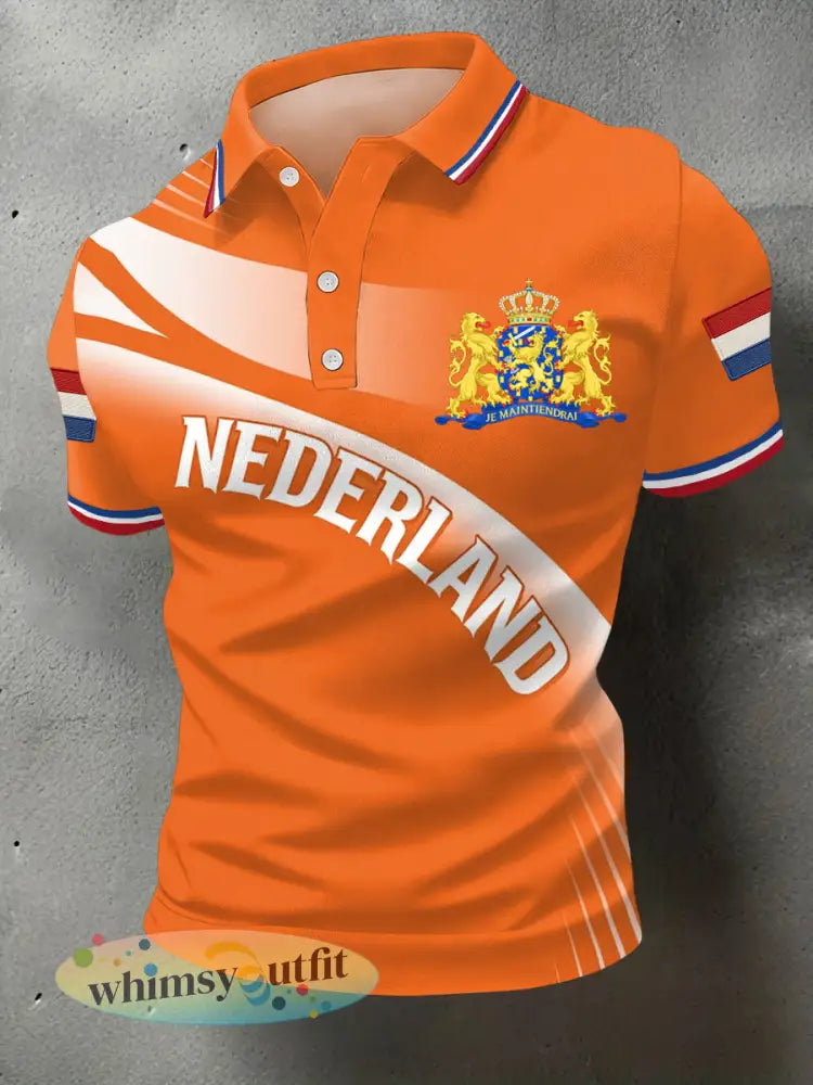 Heren Nederlandse vlag print casual polo - Sinaasappel / S
