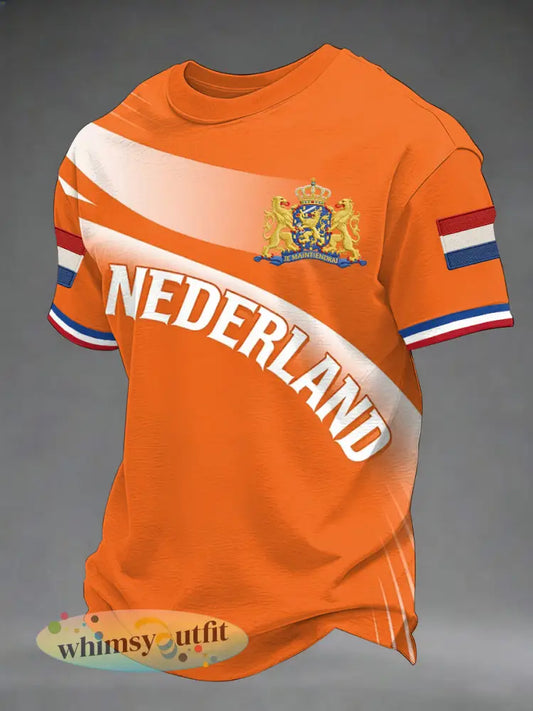Heren Nederlandse vlag print casual T-shirt - Sinaasappel / S
