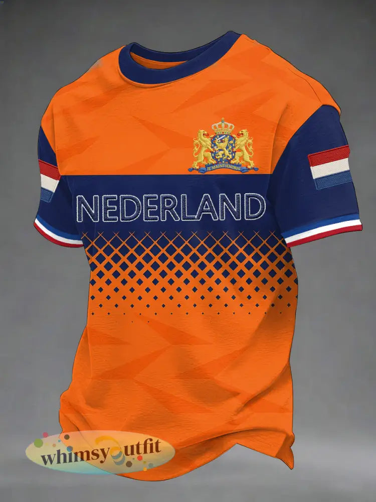 Heren Nederlandse vlag print casual T-shirt - Sinaasappel / S