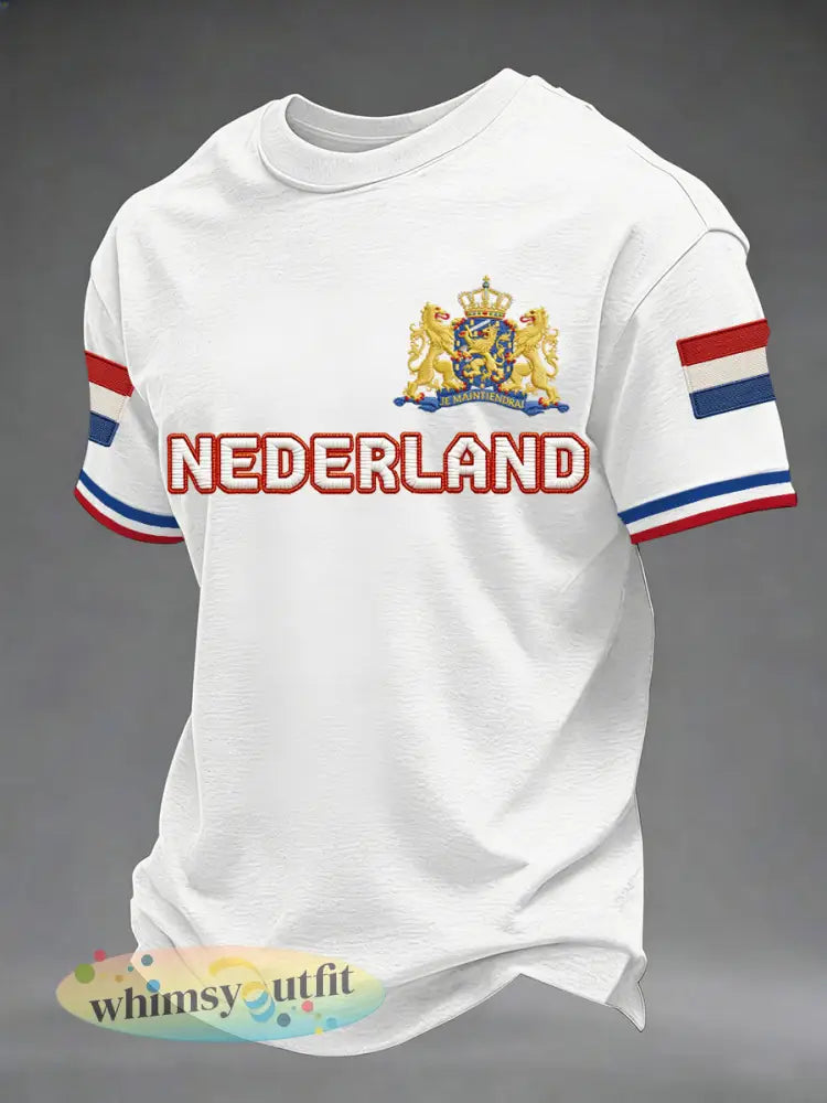 Heren Nederlandse vlag print casual T-shirt - Wit / S