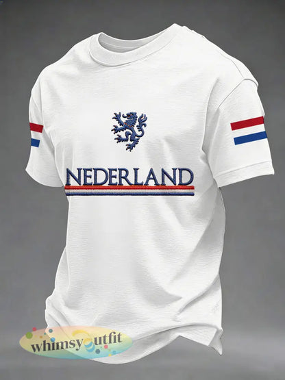 Heren Nederlandse vlag print Koningsdag casual T-shirt - Wit / S