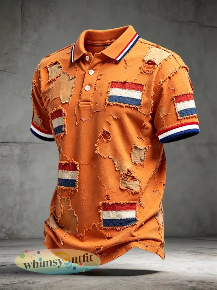 Heren Nederlandse vlag vintage verweerd patchwork casual poloshirt - Sinaasappel / S