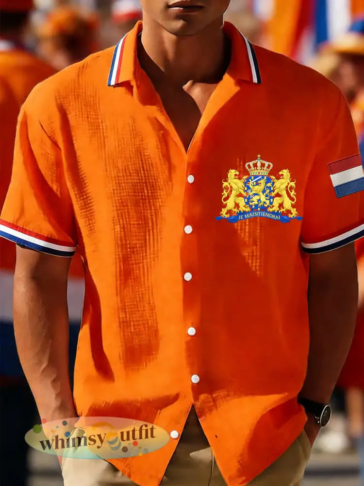 Heren Nederlandse vlagprint casual wafeloverhemd - Oranje / S