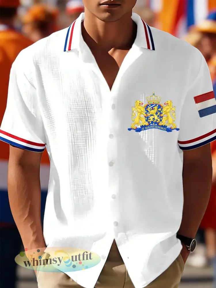 Heren Nederlandse vlagprint casual wafeloverhemd - Wit / S