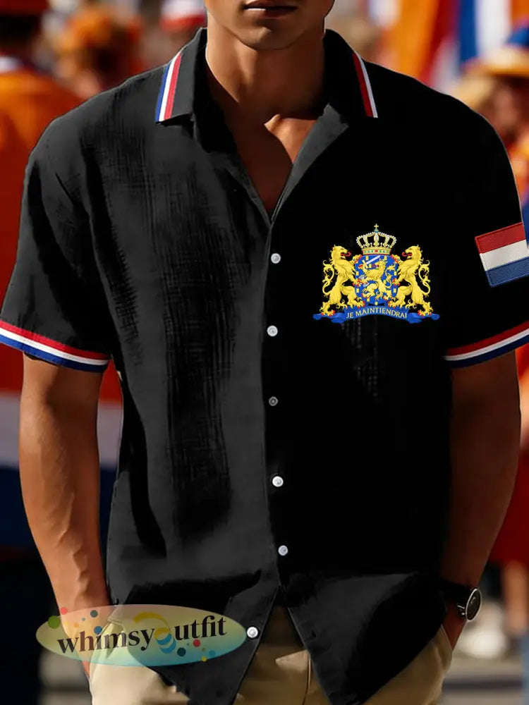 Heren Nederlandse vlagprint casual wafeloverhemd - Zwart / S