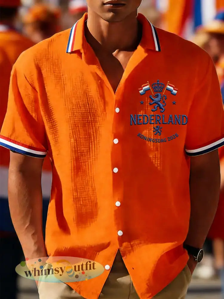 Heren Nederlandse vlagprint Koningsdag casual wafelshirt - Oranje / S