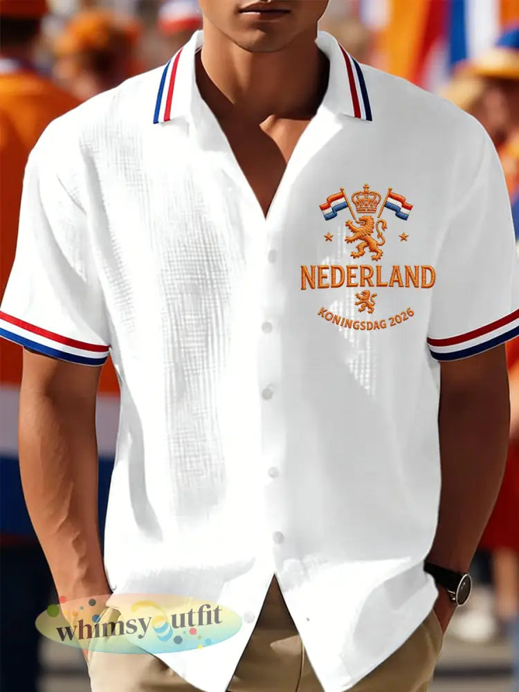 Heren Nederlandse vlagprint Koningsdag casual wafelshirt - Wit / S