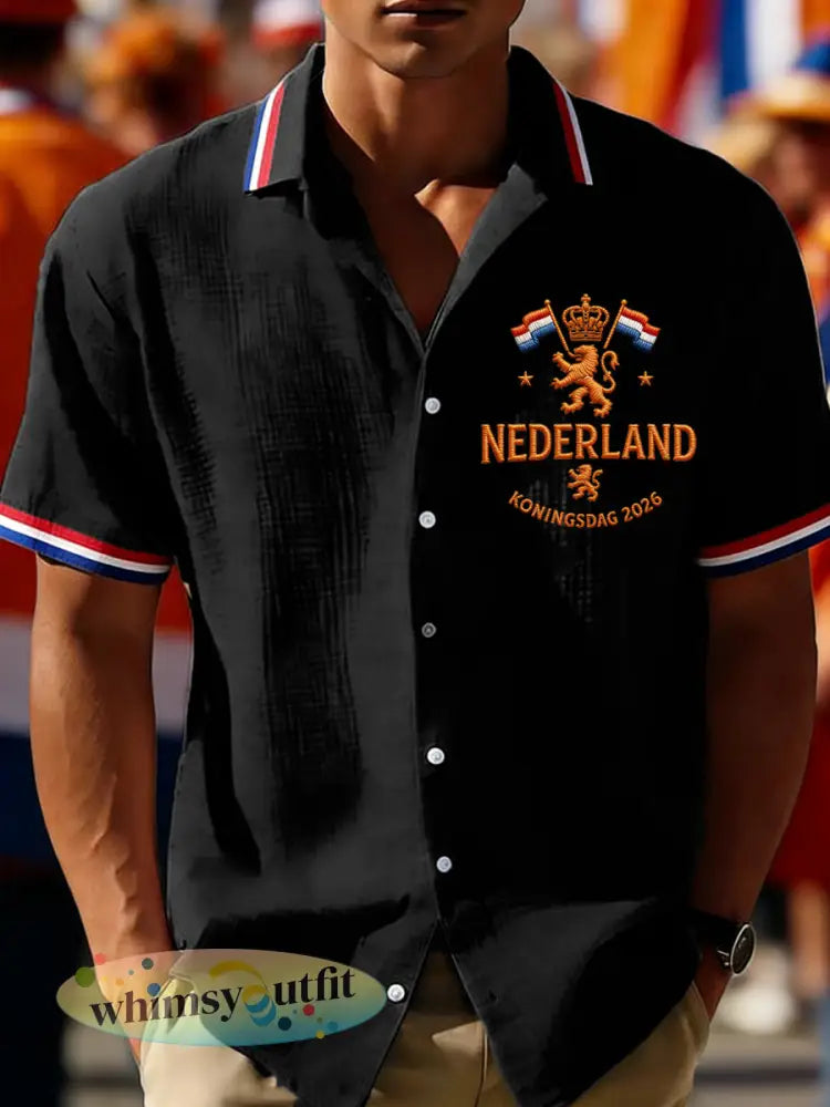 Heren Nederlandse vlagprint Koningsdag casual wafelshirt - Zwart / S