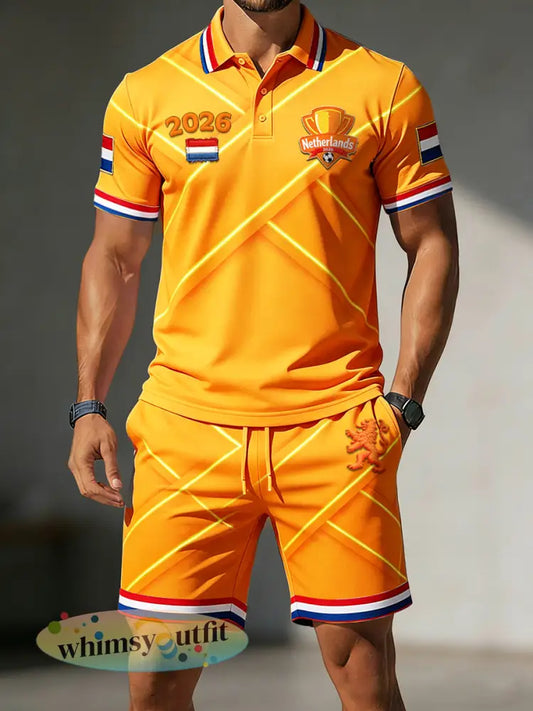 Heren Nederlandse voetbal 2026 bedrukt oranje casual poloshirt en korte broek set - Sinaasappel / S