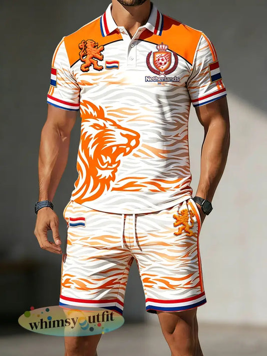 Heren Nederlandse voetbal gestreepte print casual mode poloshirt en korte broek set - Oranje wit / S