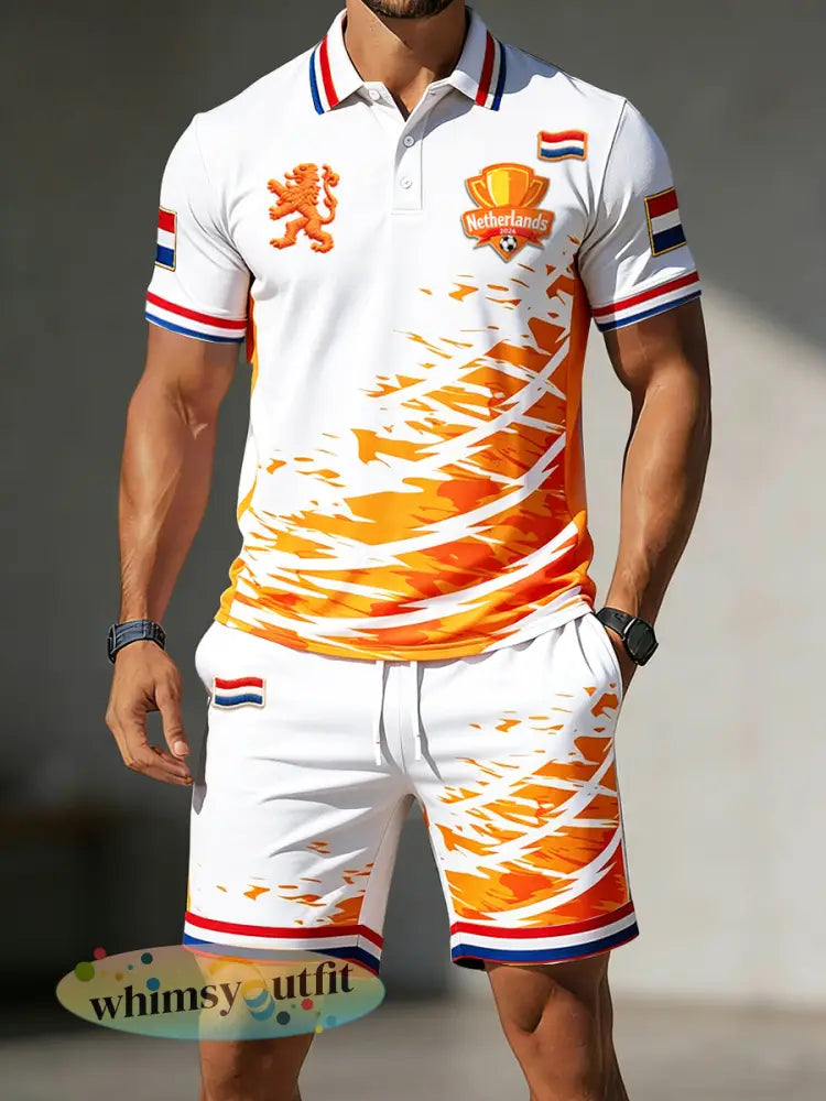 Heren Nederlandse voetbalprint casual mode poloshirt en korte broek set - Oranje wit / S