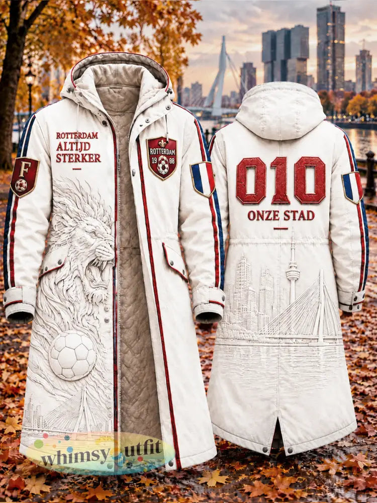 Heren Off-White Eredivisie Feyenoord lange casual capuchonjas met leeuwenprint - Wit / S