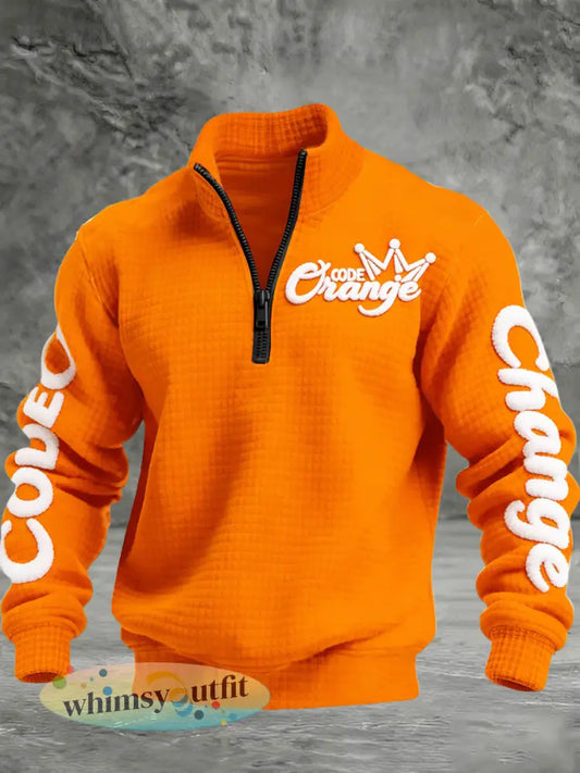 Heren Oranje Day Oranje bedrukt geruit katoenen casual sweatshirt met opstaande kraag - Sinaasappel / S
