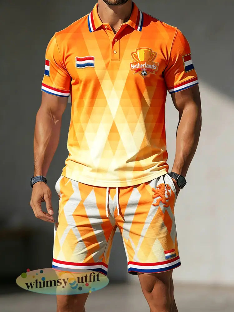 Heren oranje gradiënt Nederlandse voetbalprint casual poloshirt en korte broek set - Sinaasappel / S