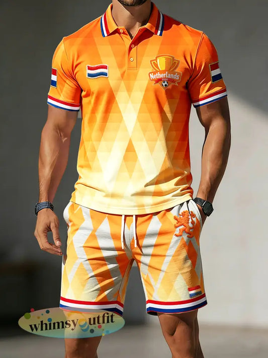 Heren oranje gradiënt Nederlandse voetbalprint casual poloshirt en korte broek set - Sinaasappel / S