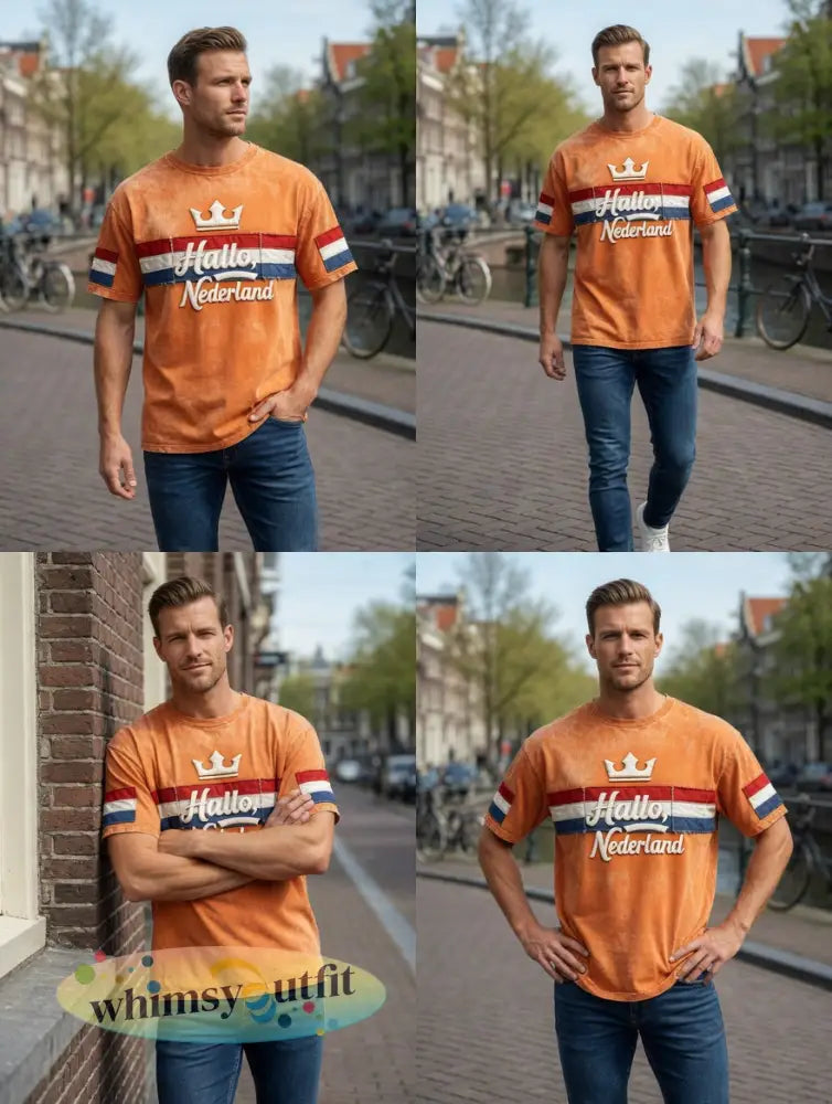 Heren Oranje “Hello Netherland” Patchwork Print Casual T-shirt
