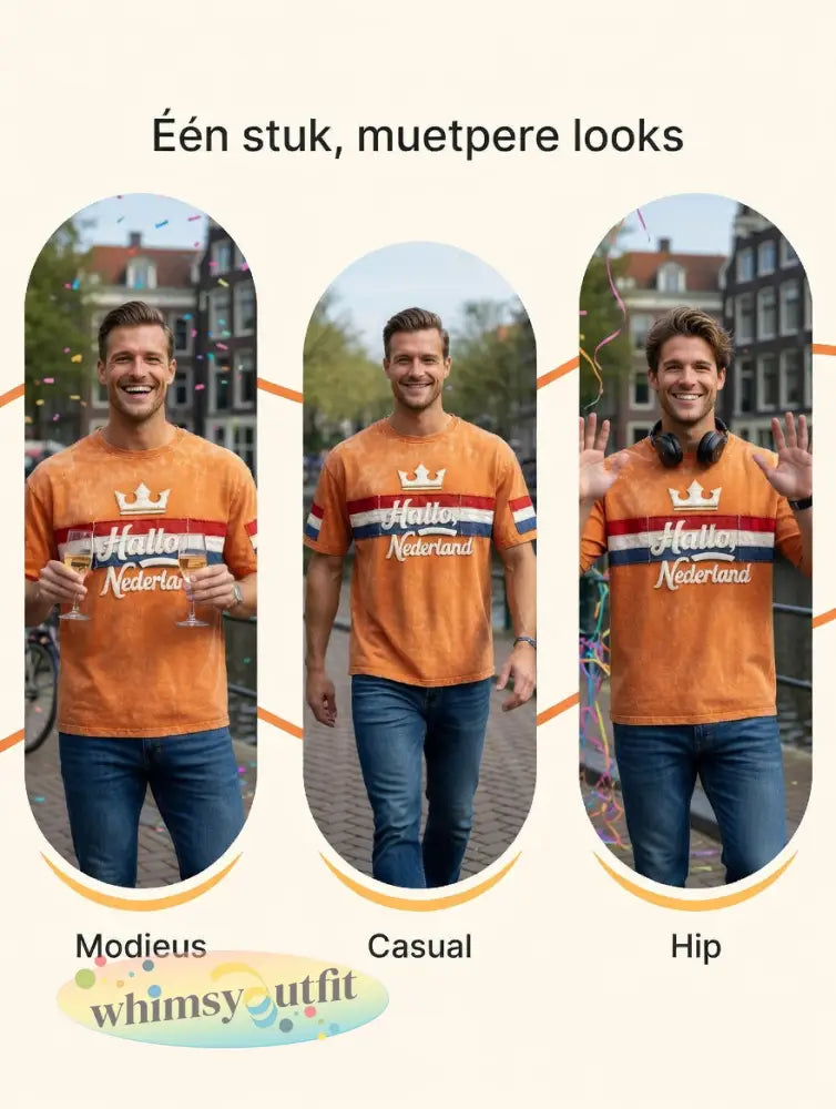 Heren Oranje “Hello Netherland” Patchwork Print Casual T-shirt