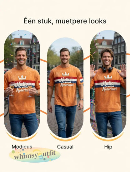 Heren Oranje “Hello Netherland” Patchwork Print Casual T-shirt