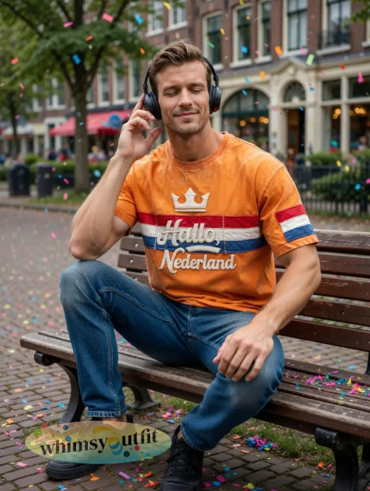 Heren Oranje “Hello Netherland” Patchwork Print Casual T-shirt