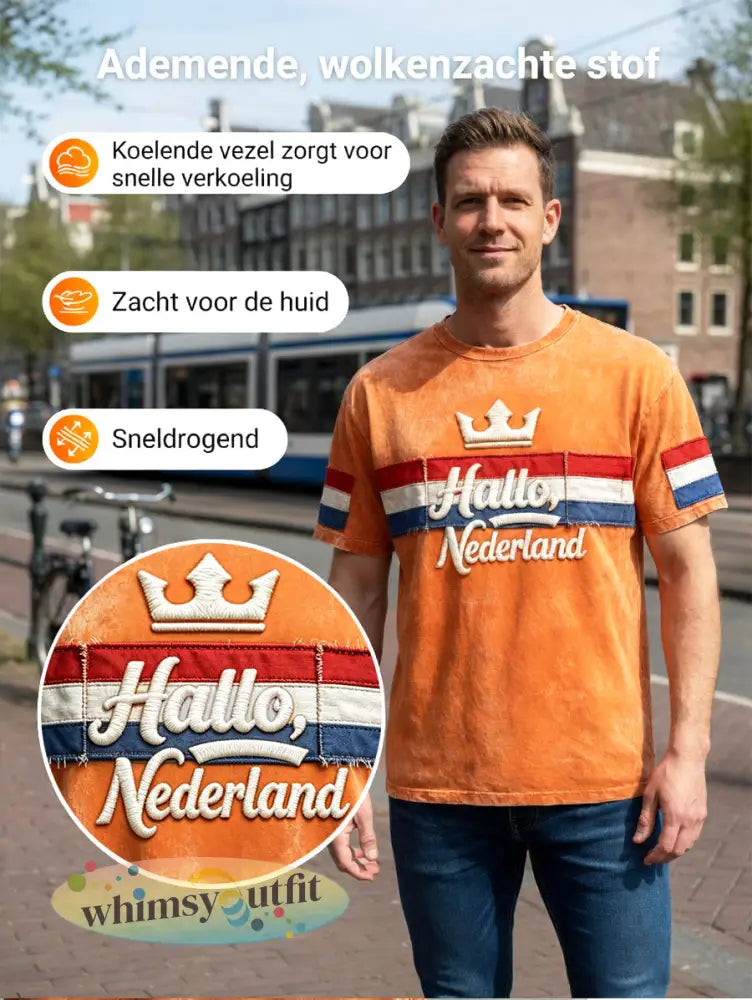 Heren Oranje “Hello Netherland” Patchwork Print Casual T-shirt