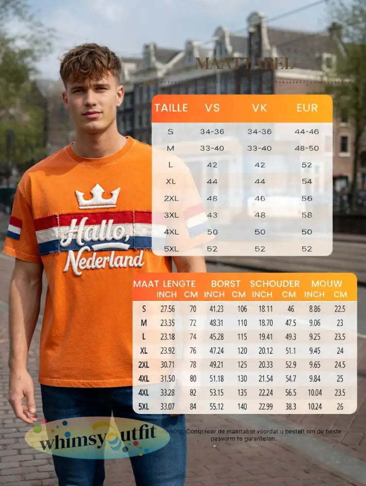 Heren Oranje “Hello Netherland” Patchwork Print Casual T-shirt
