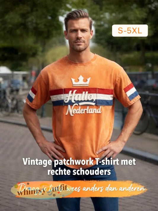 Heren Oranje “Hello Netherland” Patchwork Print Casual T-shirt - Sinaasappel / S