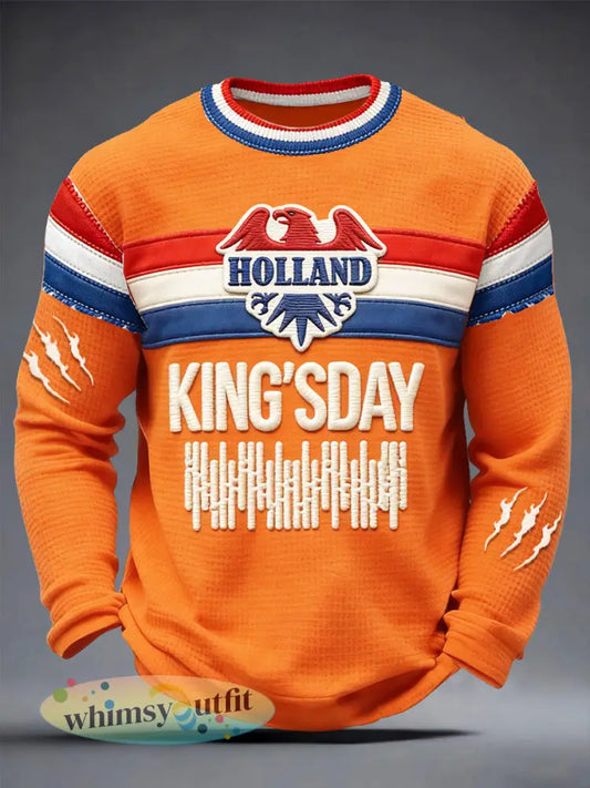 Heren Oranje Holland Koningsdag Patchwork Print Casual Waffle Weave T-shirt met lange mouwen - Sinaasappel / S