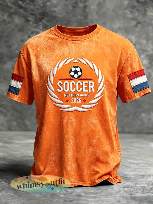 Heren oranje Holland voetbalprint casual T-shirt - Sinaasappel / S