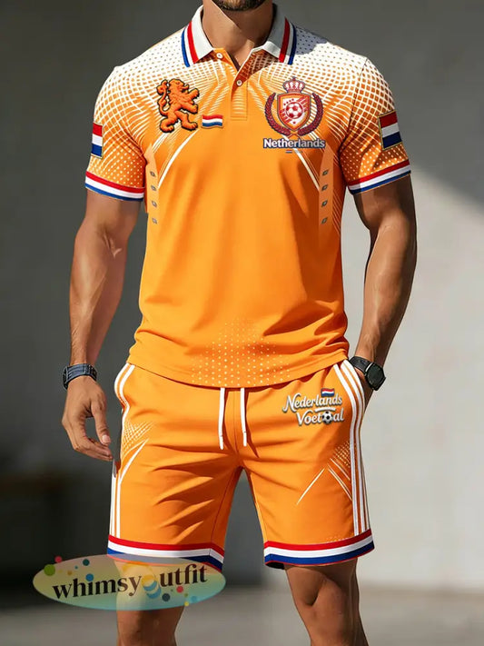 Heren Oranje Nederlands Voetbal 3D-Gedrukte Casual Poloshirt en Shorts Set - Sinaasappel / S