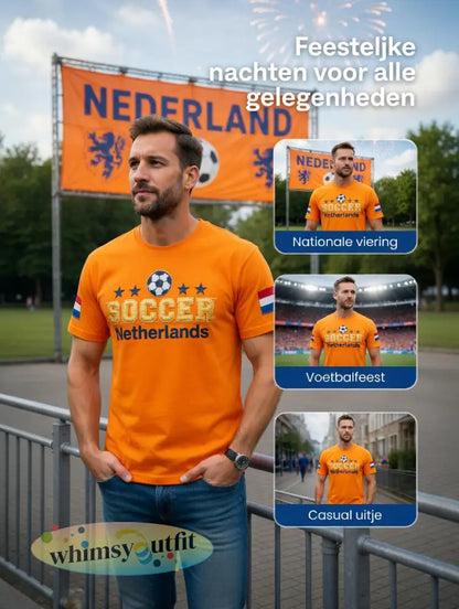 Heren oranje Nederlands voetbal patchworkprint casual t-shirt