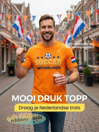 Heren oranje Nederlands voetbal patchworkprint casual t-shirt - Sinaasappel / S