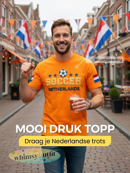 Heren oranje Nederlands voetbal patchworkprint casual t-shirt - Sinaasappel / S