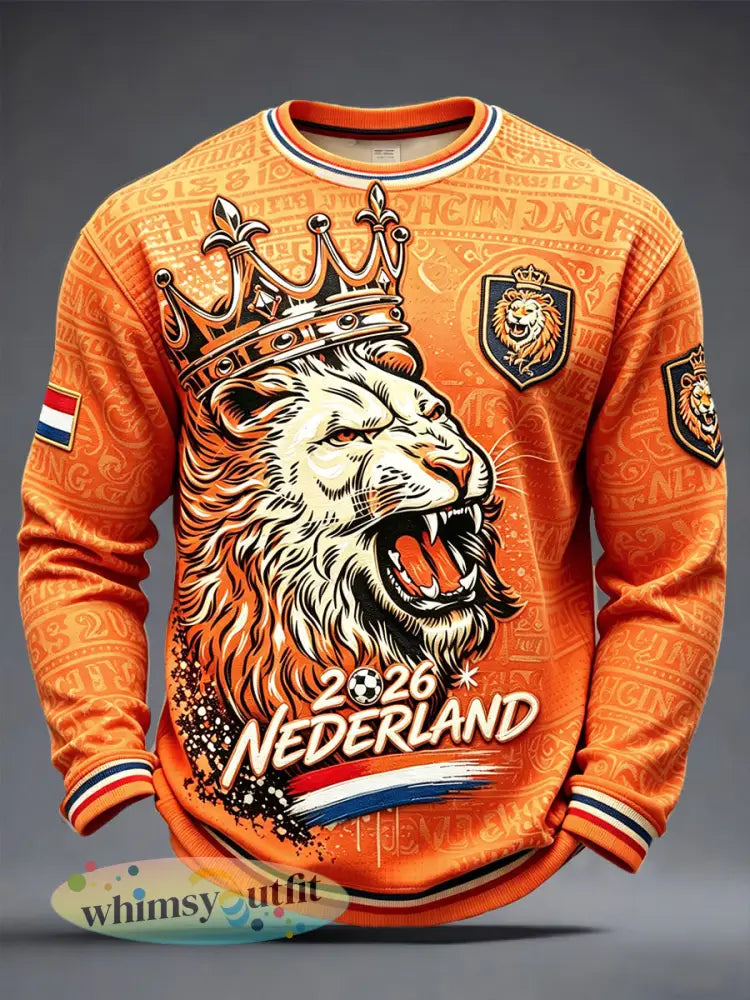 Heren Oranje Nederlandse Leeuw Voetbal 2026 Print Casual T-shirt met lange mouwen - Sinaasappel / S