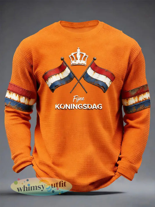 Heren Oranje Nederlandse Vlag Koningsdag Vintage Print Casual T-shirt met lange mouwen - Sinaasappel / S